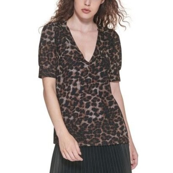 DKNY Animal-Print Hacci V-Neck Top - Size Small - Picture 1 of 3